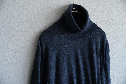 リネンニット タートルネック長袖二重プルオーバー|メンズ|ダークネイビー
