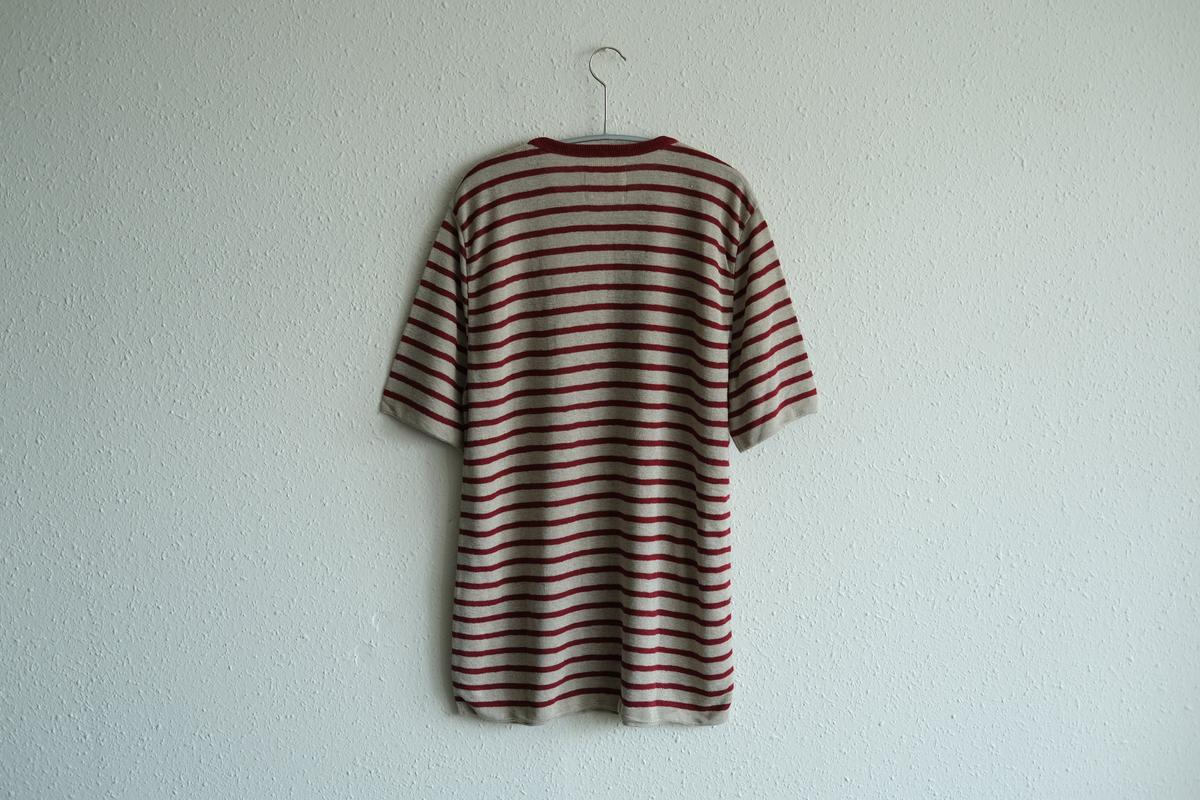 リネンニットボーダー半袖プルオーバー|メンズ|生成×エンジ