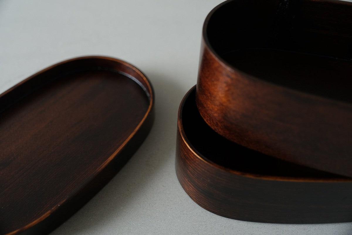 曲げわっぱ 楕円弁当箱（ミニ2段）拭き漆