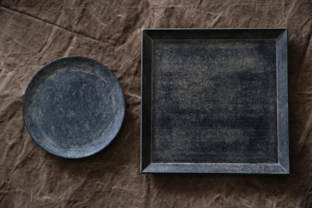 一閑張四角盆 寄竹