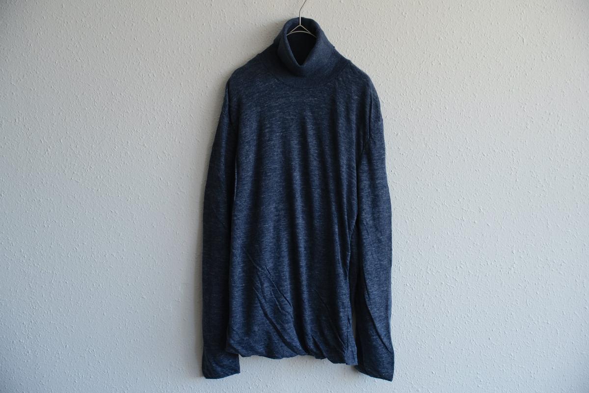 リネンニット タートルネック長袖二重プルオーバー｜メンズ｜ダークネイビー