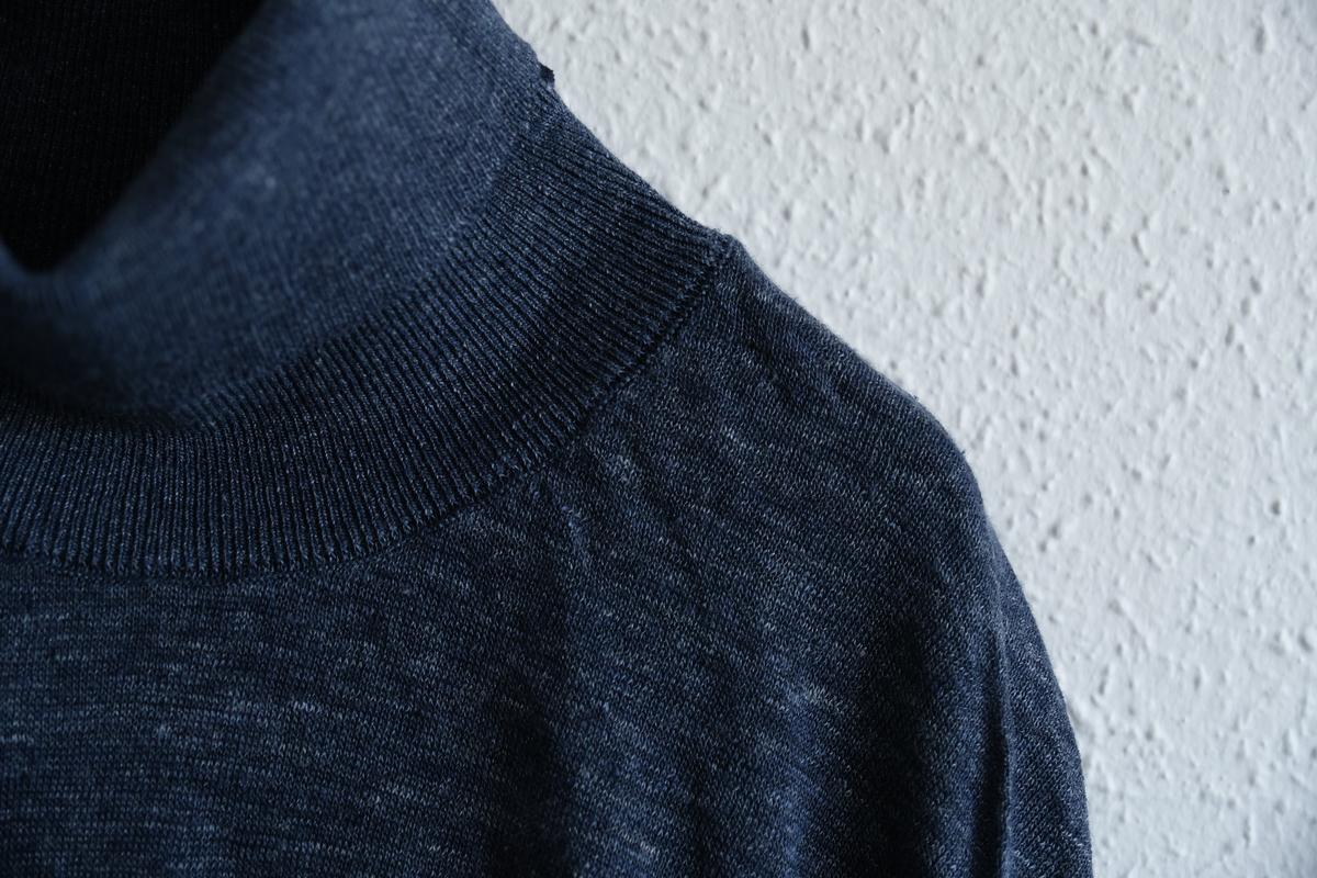 リネンニット タートルネック長袖二重プルオーバー｜メンズ｜ダークネイビー