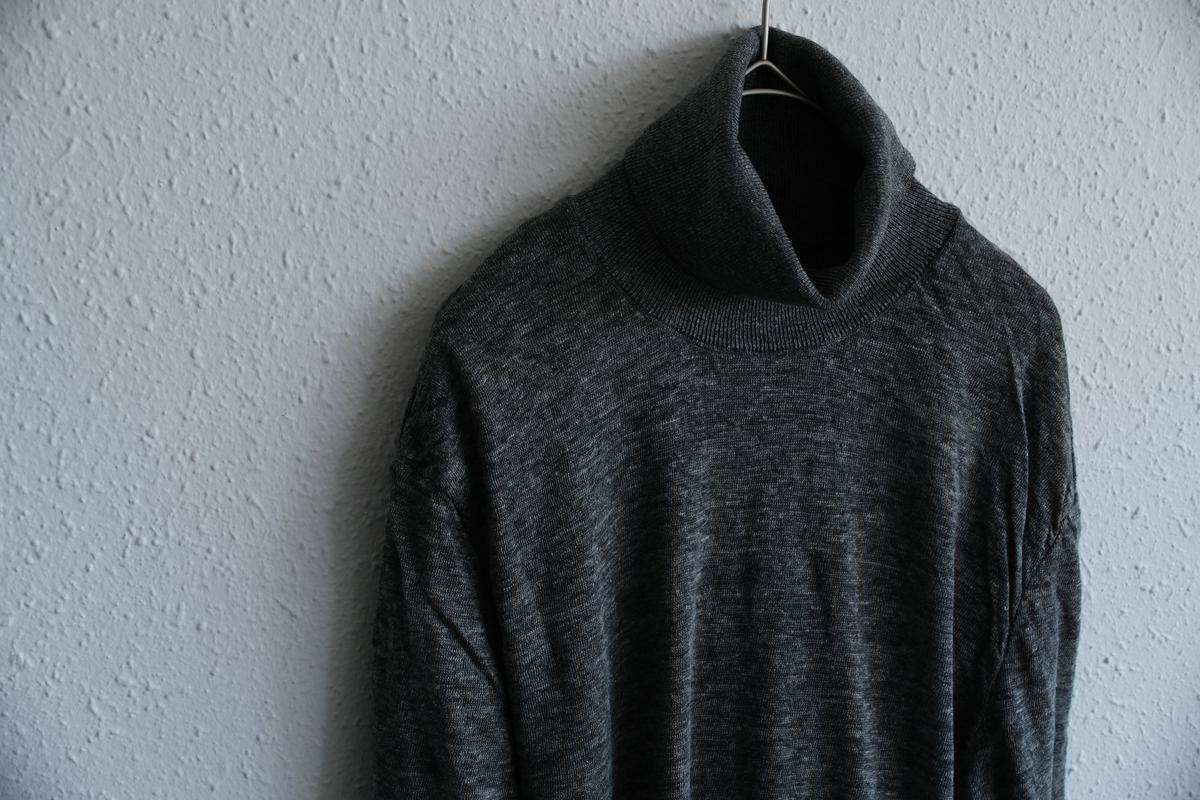 リネンニット タートルネック長袖二重プルオーバー｜メンズ｜チャコール