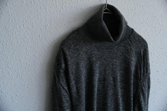 リネンニット タートルネック長袖二重プルオーバー|メンズ|チャコール