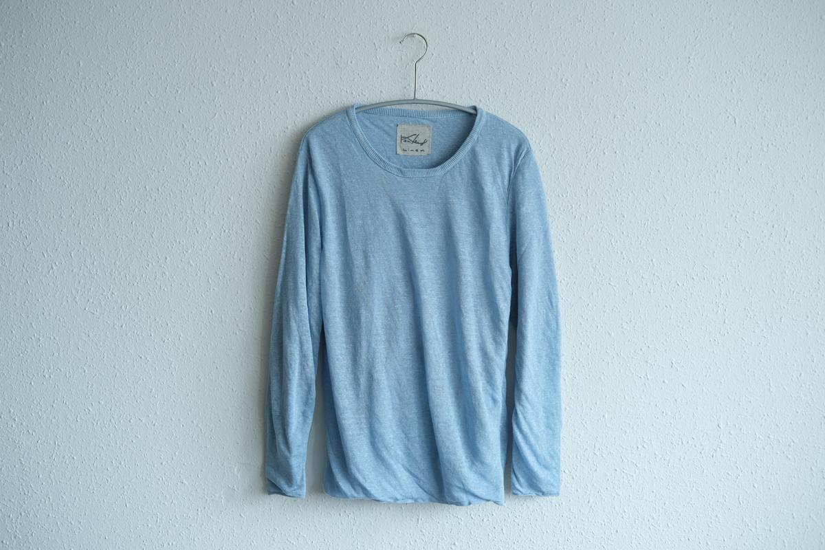 リネンニット 長袖二重プルオーバー｜レディース｜アクアブルー