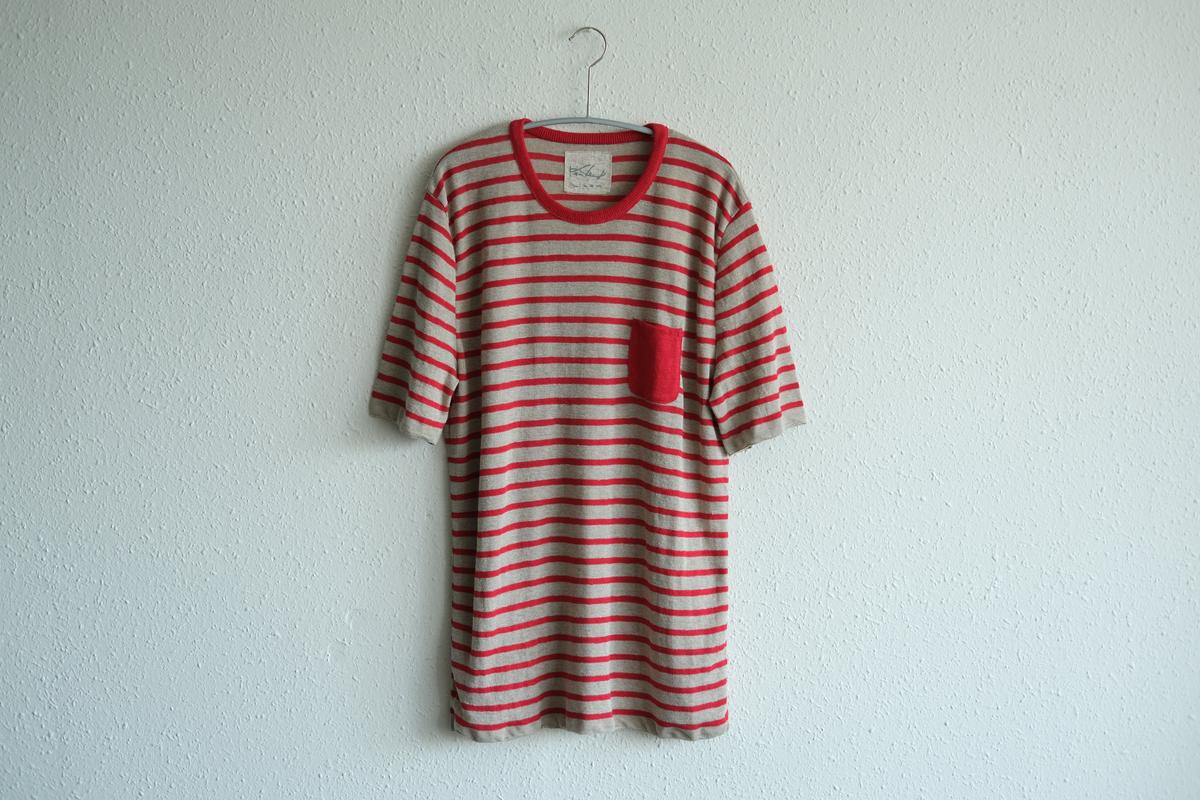 リネンニットボーダー半袖プルオーバー｜メンズ｜生成×レッド