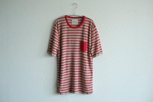 リネンニットボーダー半袖プルオーバー｜メンズ｜生成×レッド