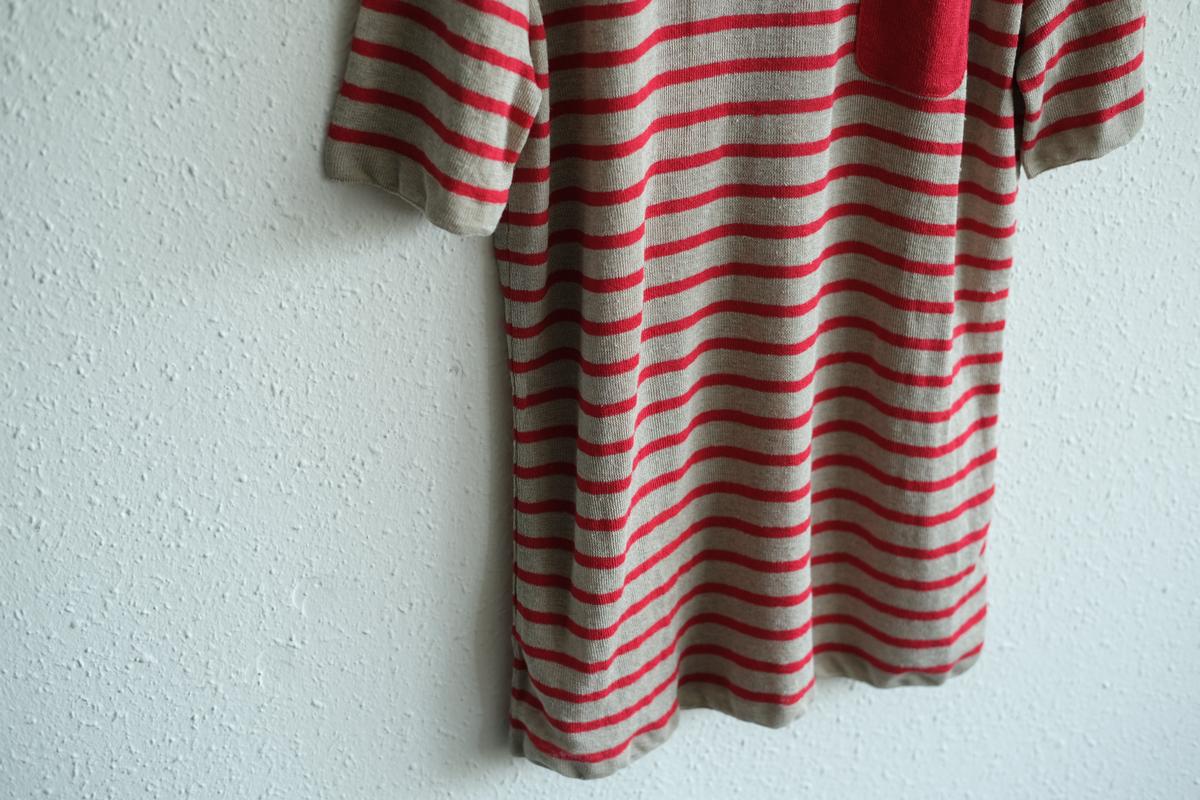 リネンニットボーダー半袖プルオーバー｜メンズ｜生成×レッド