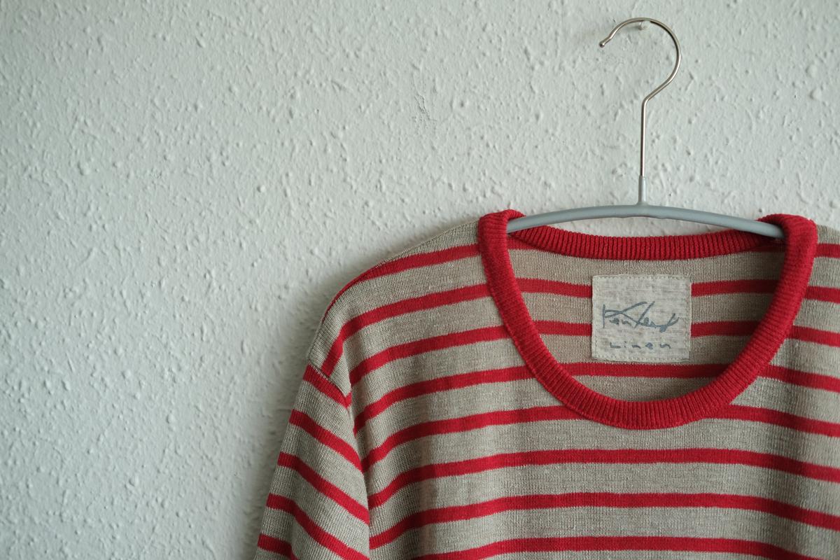 リネンニットボーダー半袖プルオーバー｜メンズ｜生成×レッド