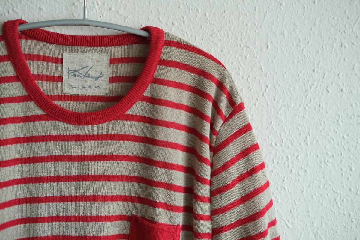 リネンニットボーダー半袖プルオーバー｜メンズ｜生成×レッド