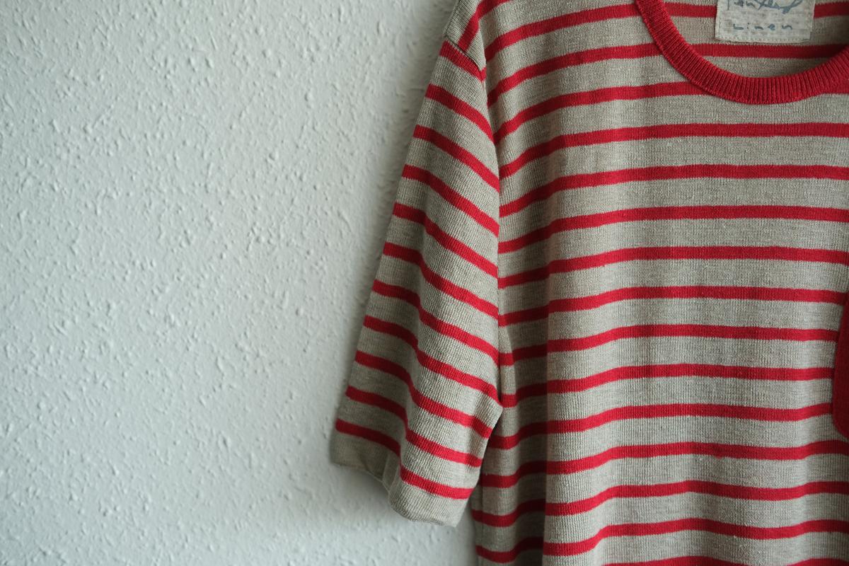 リネンニットボーダー半袖プルオーバー｜メンズ｜生成×レッド