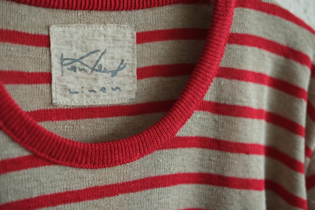 リネンニットボーダー半袖プルオーバー｜メンズ｜生成×レッド