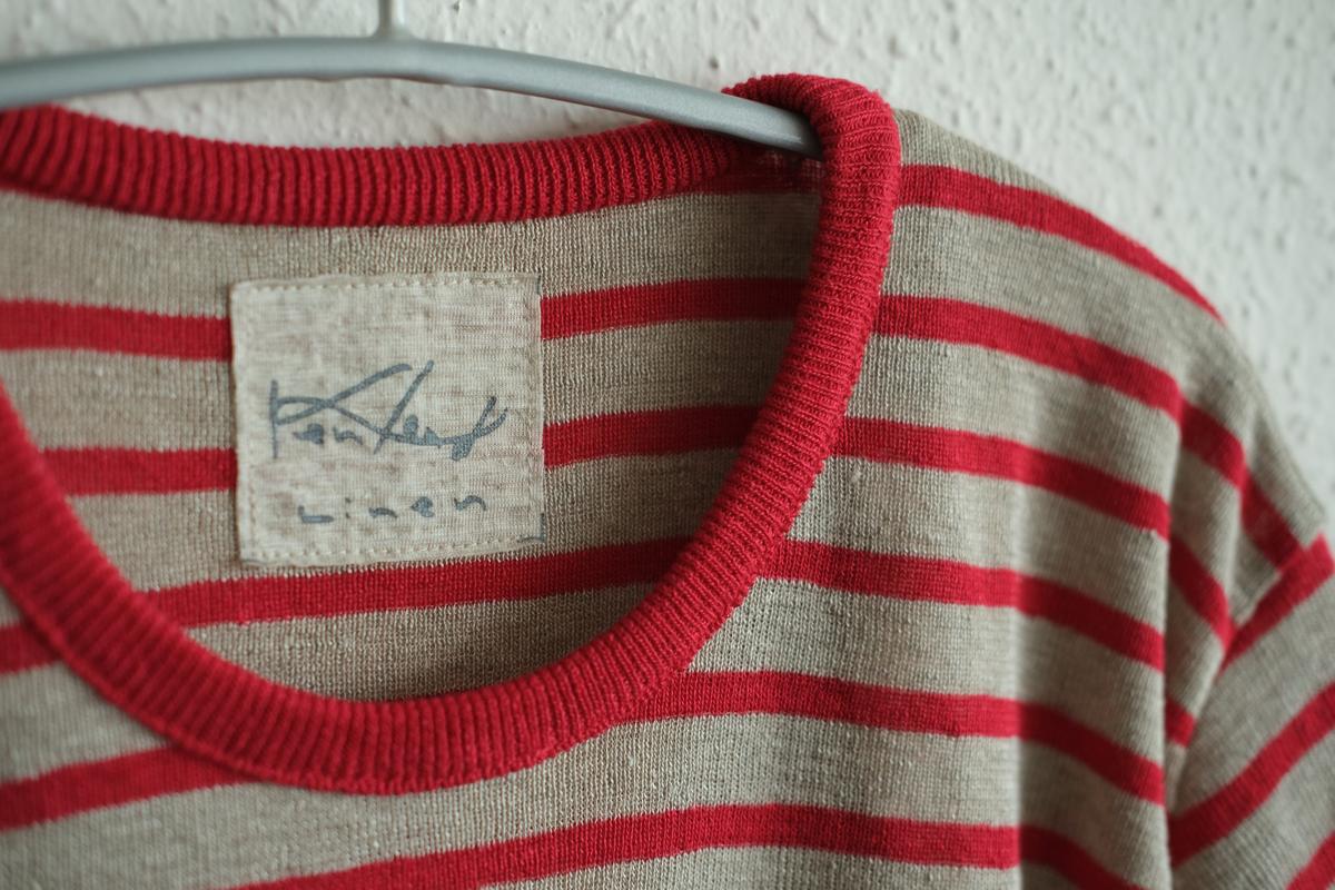 リネンニットボーダー半袖プルオーバー｜メンズ｜生成×レッド