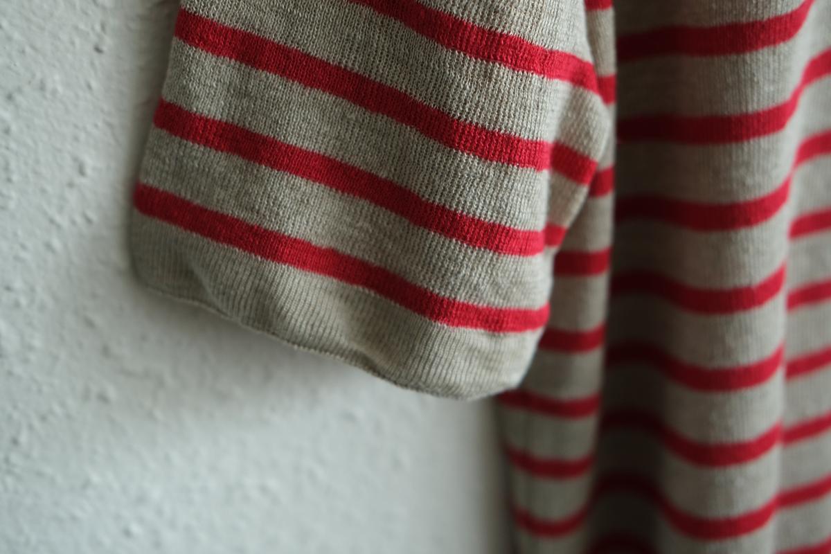 リネンニットボーダー半袖プルオーバー｜メンズ｜生成×レッド