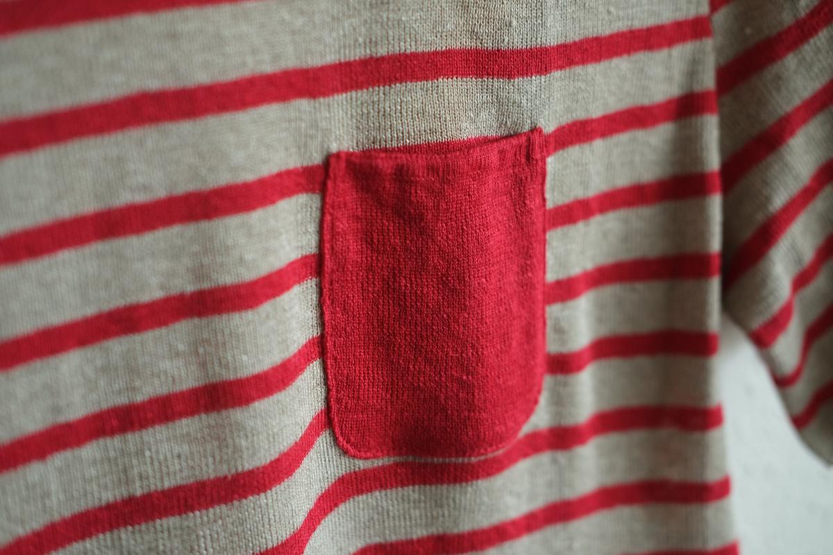 リネンニットボーダー半袖プルオーバー｜メンズ｜生成×レッド