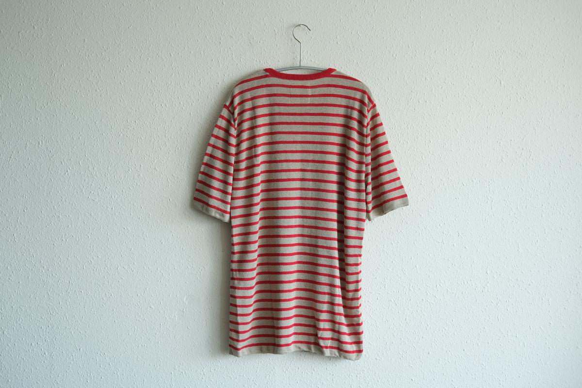 リネンニットボーダー半袖プルオーバー｜メンズ｜生成×レッド