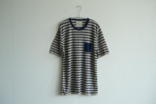 リネンニットボーダー半袖プルオーバー|メンズ|生成×ネイビー