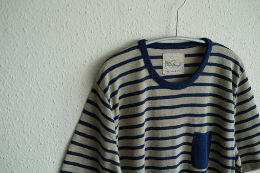 リネンニットボーダー半袖プルオーバー|メンズ|生成×ネイビー