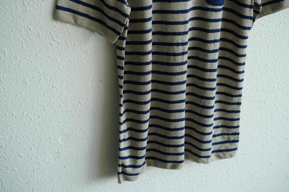 リネンニットボーダー半袖プルオーバー｜メンズ｜生成×ネイビー