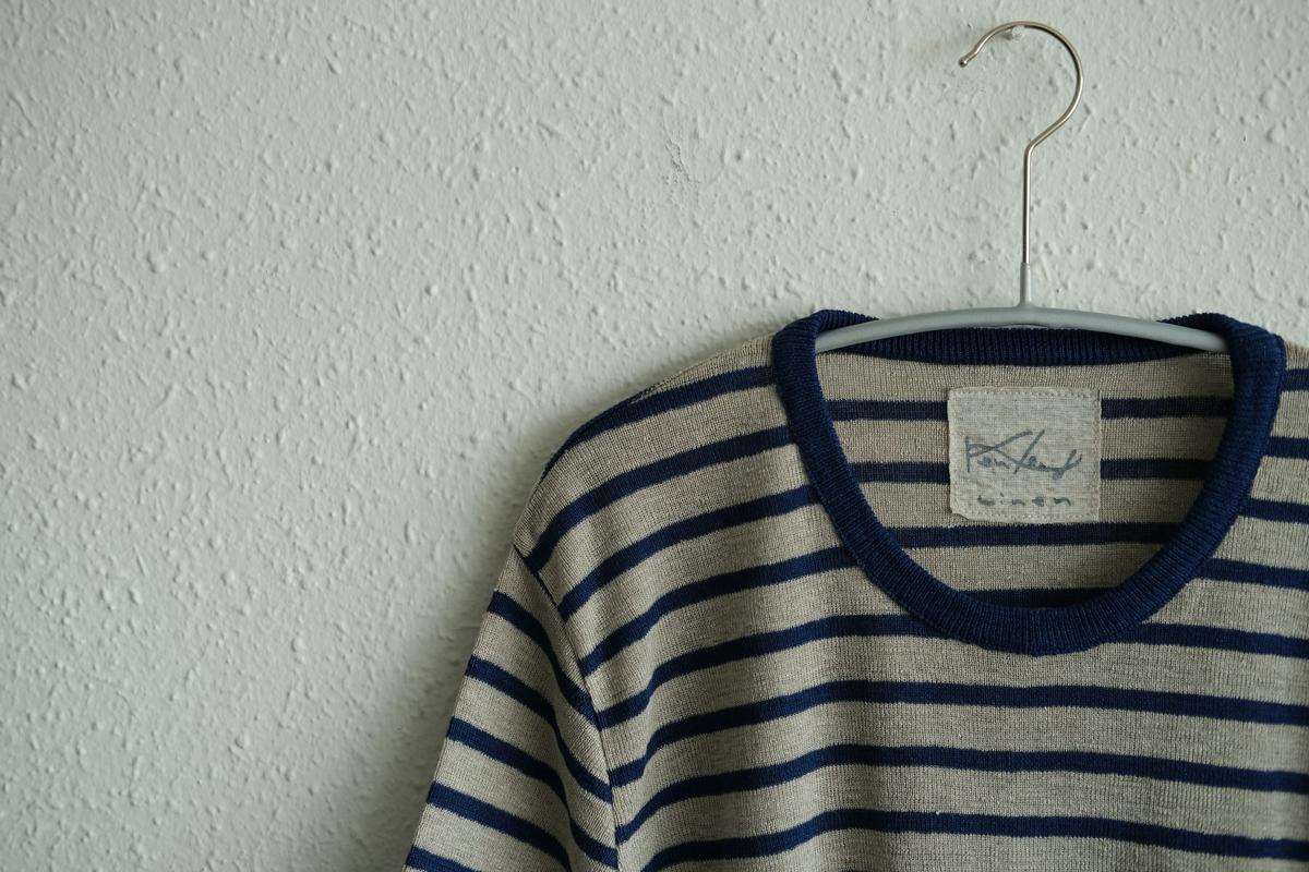 リネンニットボーダー半袖プルオーバー｜メンズ｜生成×ネイビー