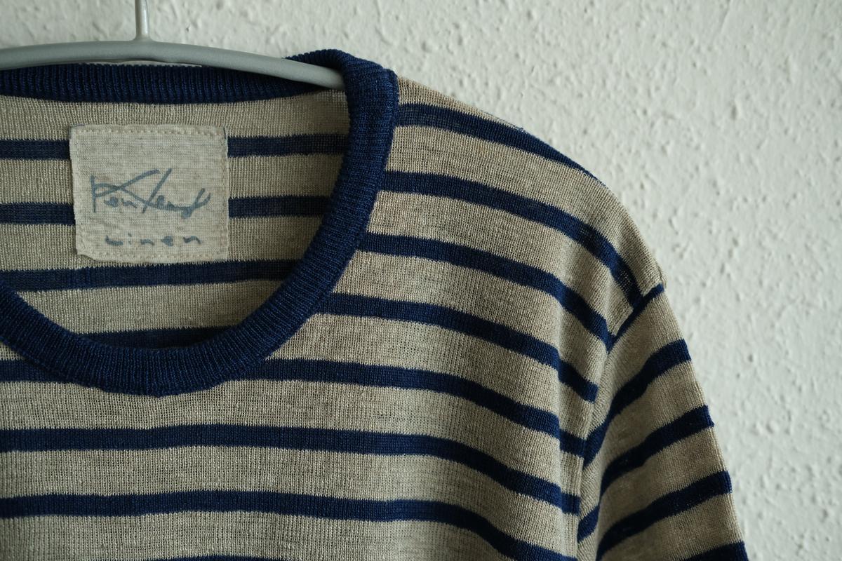 リネンニットボーダー半袖プルオーバー｜メンズ｜生成×ネイビー