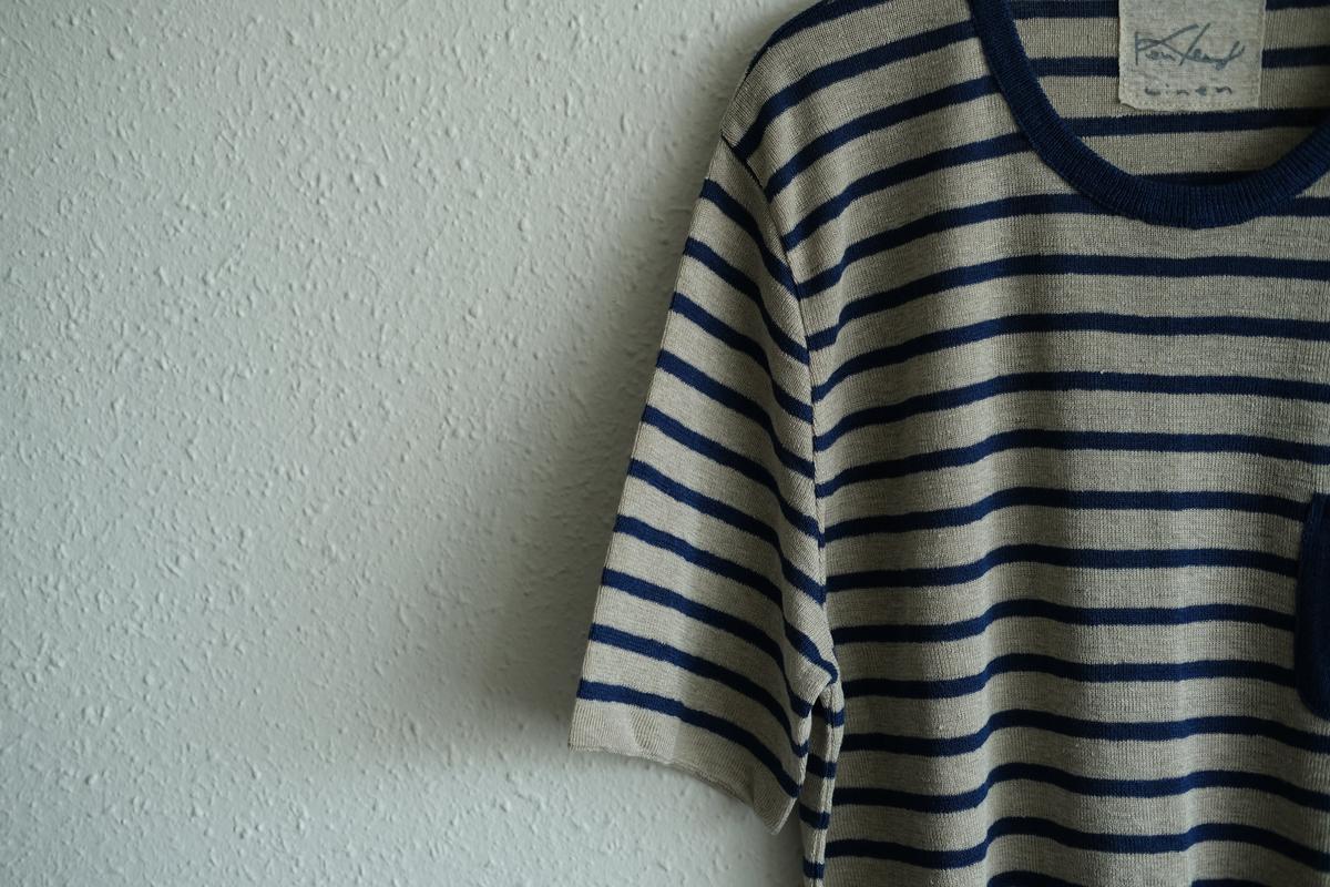 リネンニットボーダー半袖プルオーバー｜メンズ｜生成×ネイビー