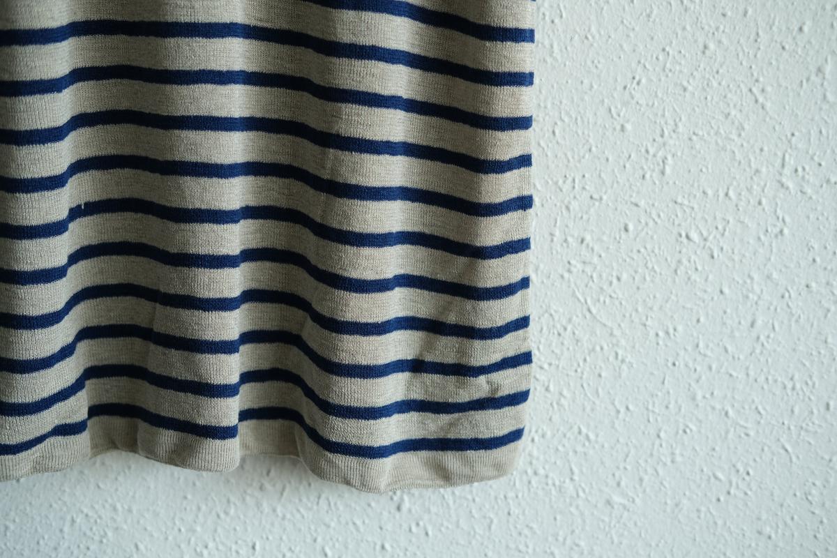 リネンニットボーダー半袖プルオーバー｜メンズ｜生成×ネイビー