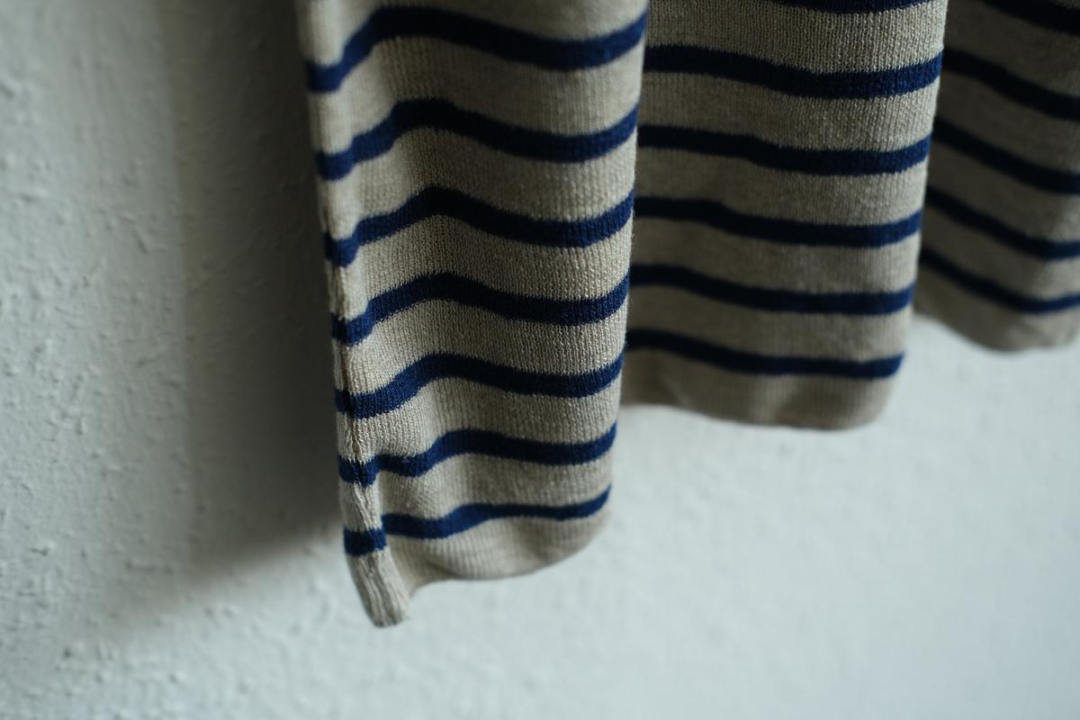 リネンニットボーダー半袖プルオーバー｜メンズ｜生成×ネイビー