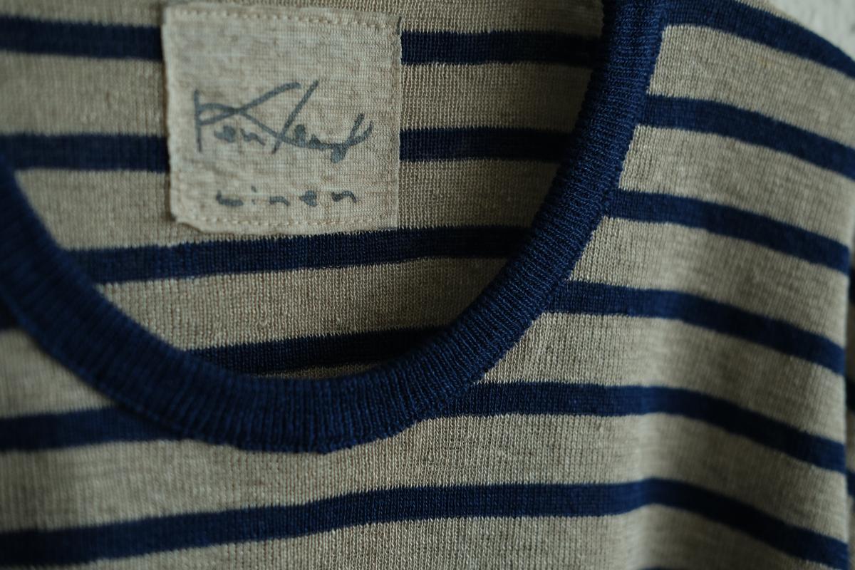 リネンニットボーダー半袖プルオーバー｜メンズ｜生成×ネイビー