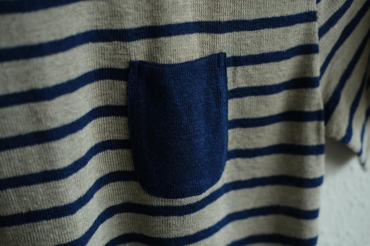 リネンニットボーダー半袖プルオーバー｜メンズ｜生成×ネイビー