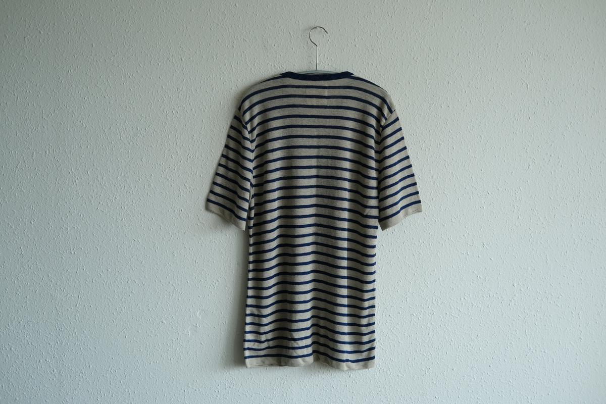 リネンニットボーダー半袖プルオーバー｜メンズ｜生成×ネイビー