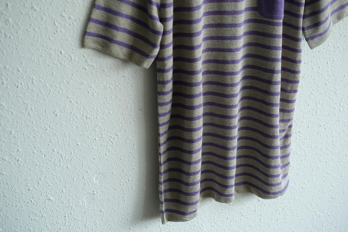 リネンニットボーダー半袖プルオーバー｜メンズ｜生成×パープル