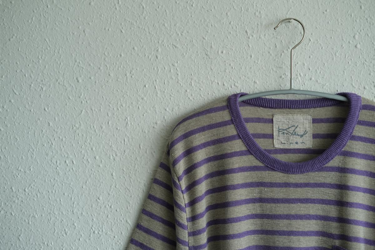 リネンニットボーダー半袖プルオーバー｜メンズ｜生成×パープル