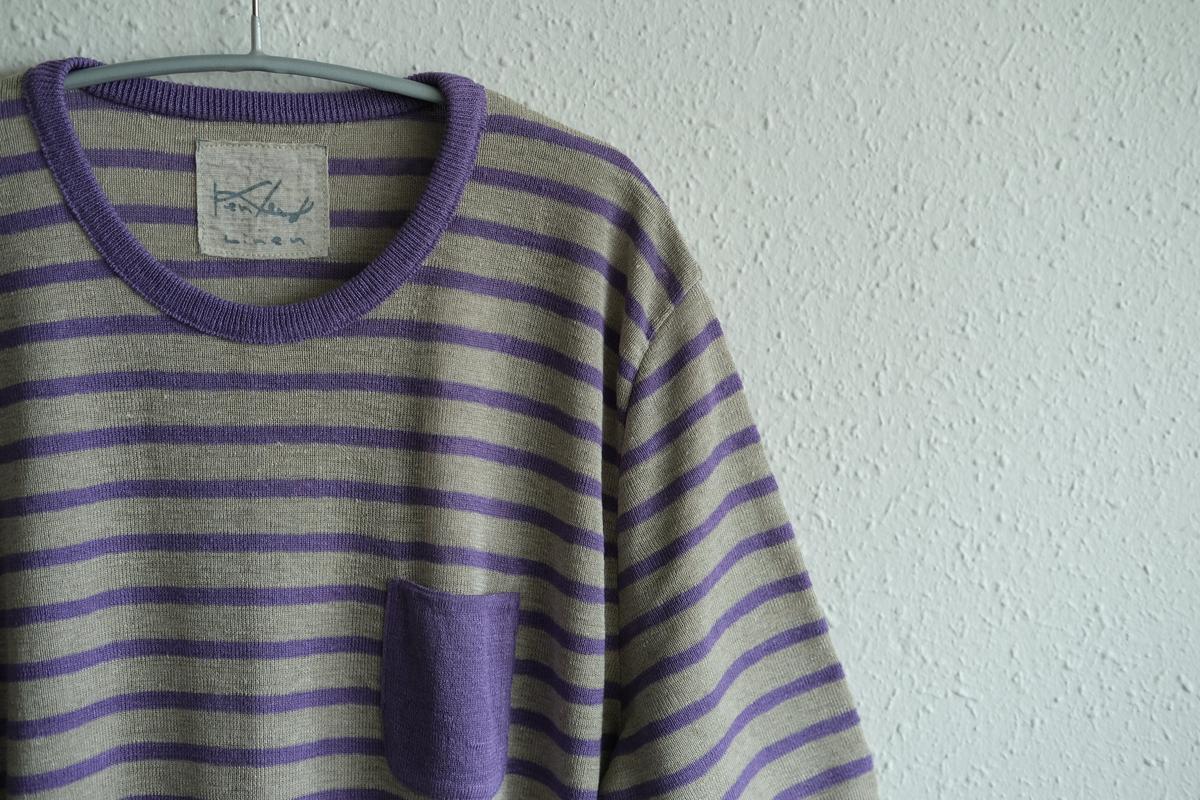 リネンニットボーダー半袖プルオーバー｜メンズ｜生成×パープル