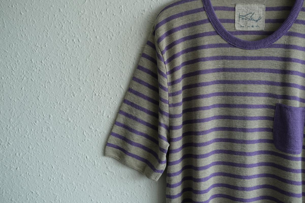 リネンニットボーダー半袖プルオーバー｜メンズ｜生成×パープル