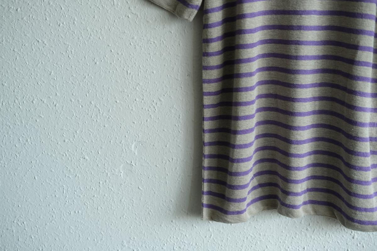 リネンニットボーダー半袖プルオーバー｜メンズ｜生成×パープル