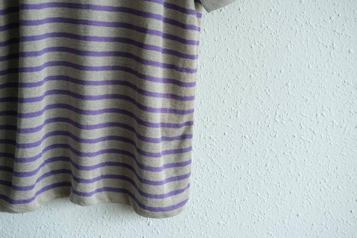 リネンニットボーダー半袖プルオーバー｜メンズ｜生成×パープル