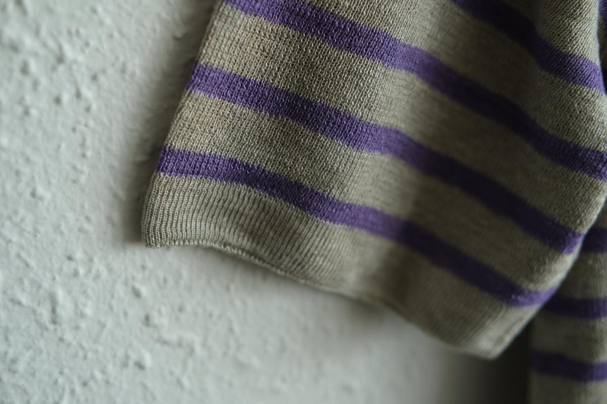 リネンニットボーダー半袖プルオーバー｜メンズ｜生成×パープル