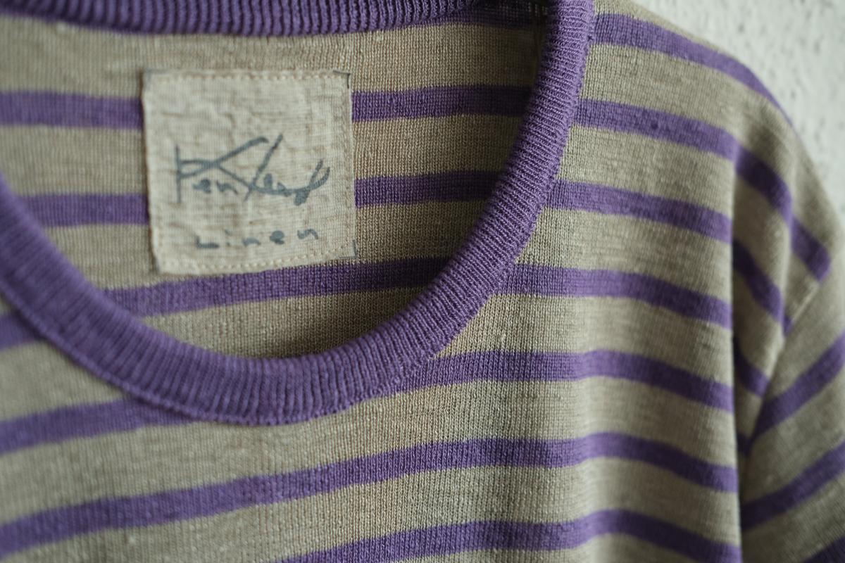 リネンニットボーダー半袖プルオーバー｜メンズ｜生成×パープル