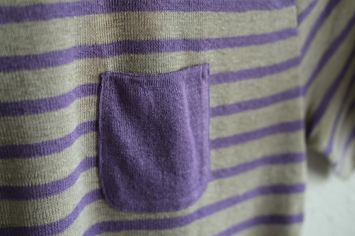 リネンニットボーダー半袖プルオーバー｜メンズ｜生成×パープル