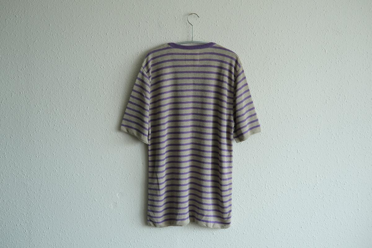 リネンニットボーダー半袖プルオーバー｜メンズ｜生成×パープル