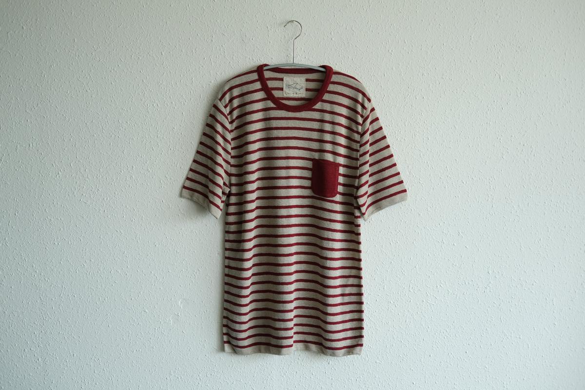 リネンニットボーダー半袖プルオーバー｜メンズ｜生成×エンジ