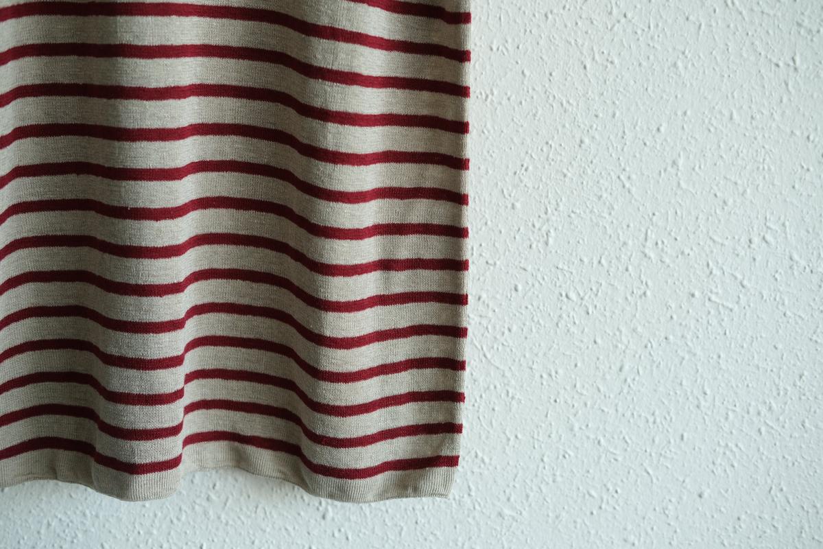 リネンニットボーダー半袖プルオーバー｜メンズ｜生成×エンジ