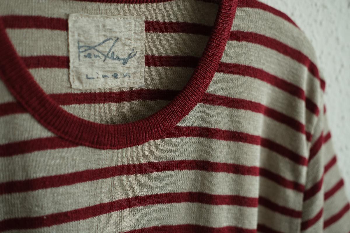 リネンニットボーダー半袖プルオーバー｜メンズ｜生成×エンジ