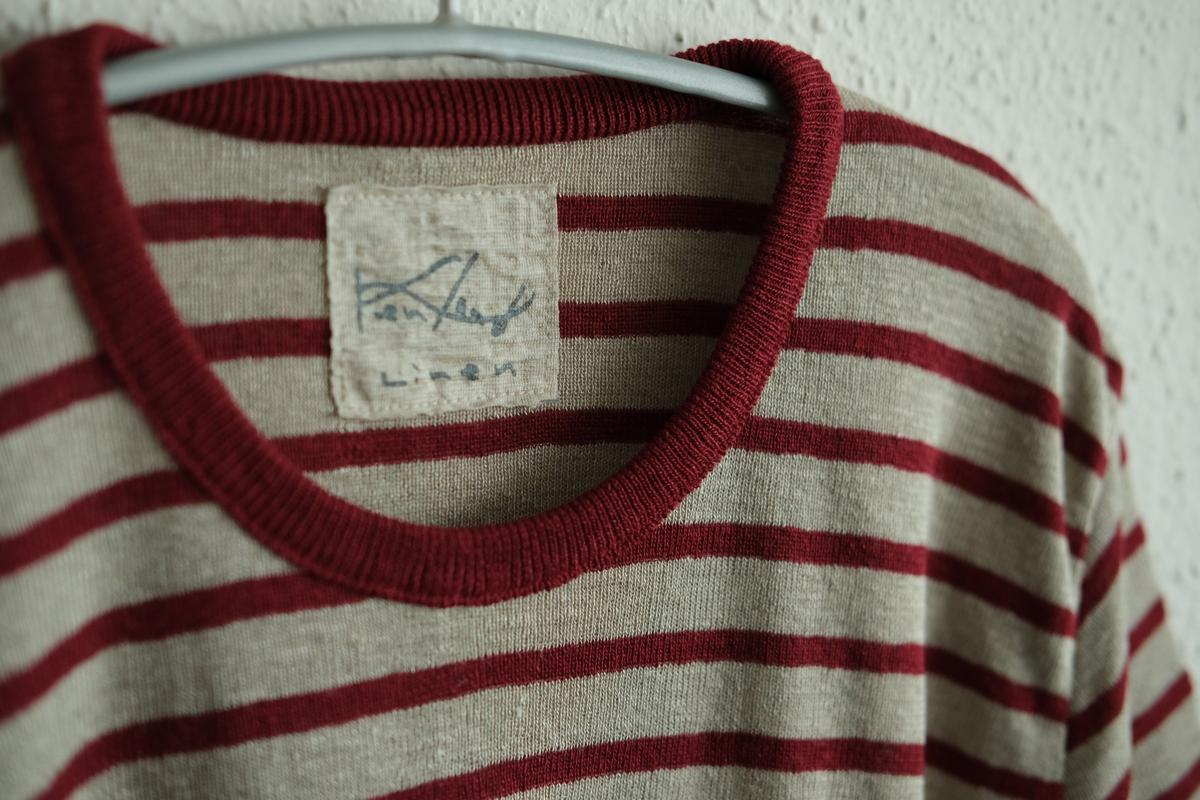 リネンニットボーダー半袖プルオーバー｜メンズ｜生成×エンジ