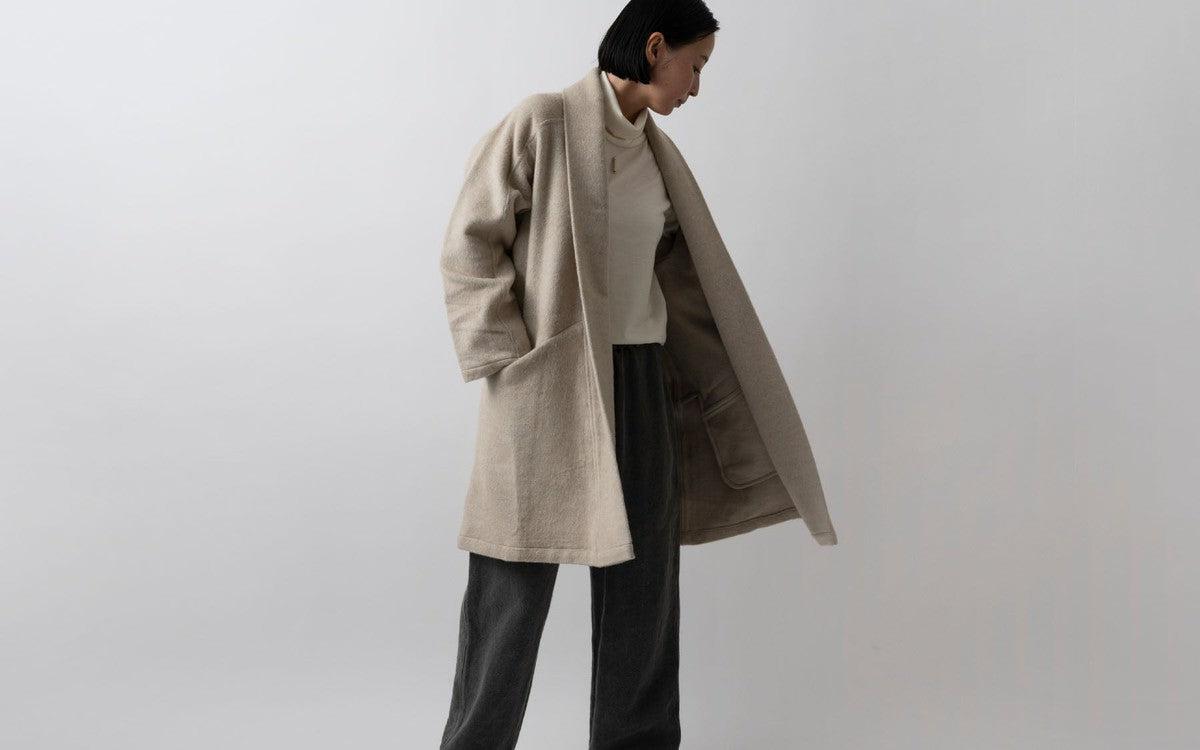 MITTAN / ウールシルクキャメル半纏コート（紐付き） 白茶 CT-43 / unisex
