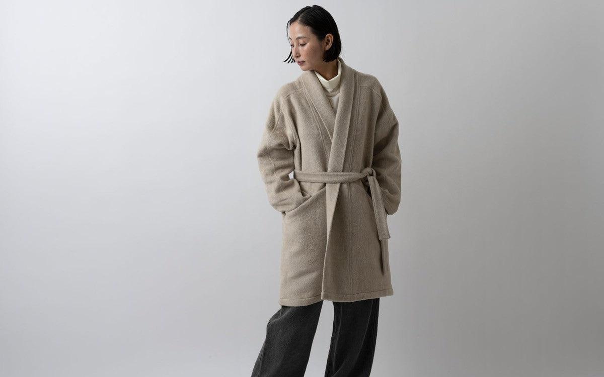 MITTAN / ウールシルクキャメル半纏コート（紐付き） 白茶 CT-43 / unisex