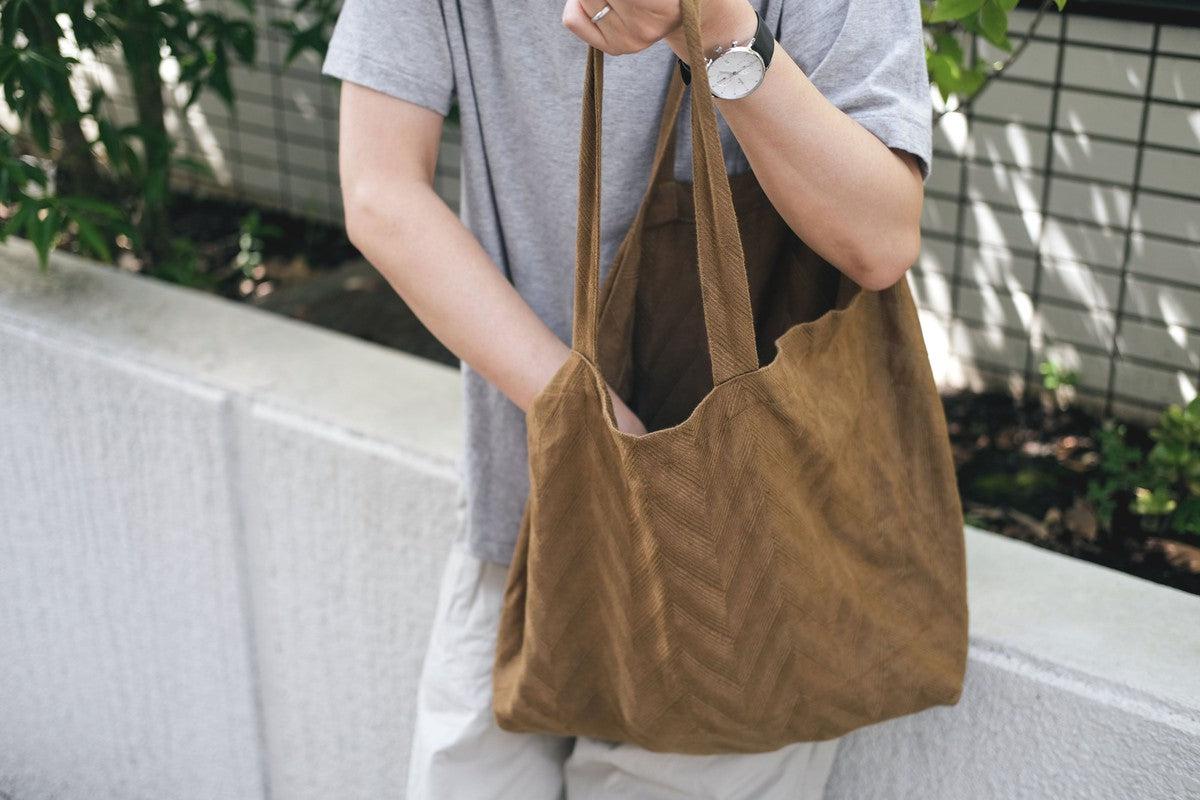 【再入荷】リネンジャガード織トートバッグ｜ヘリンボーン ライトブラウン