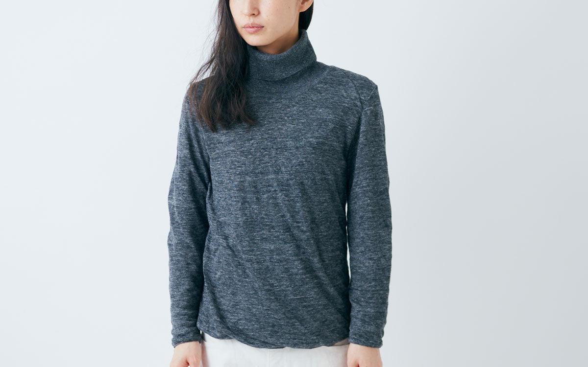 リネンニット タートルネック長袖二重プルオーバー｜レディース｜ブラック