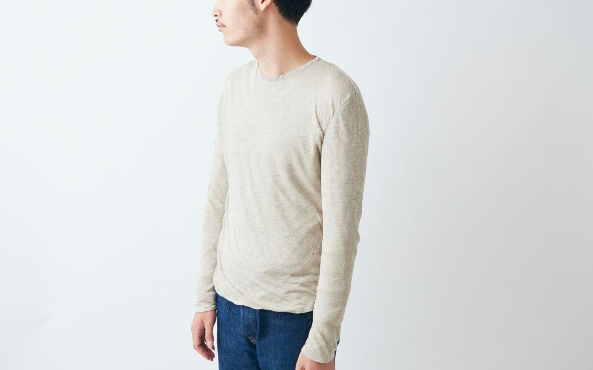 リネンニット 長袖二重プルオーバー｜メンズ｜カーキ